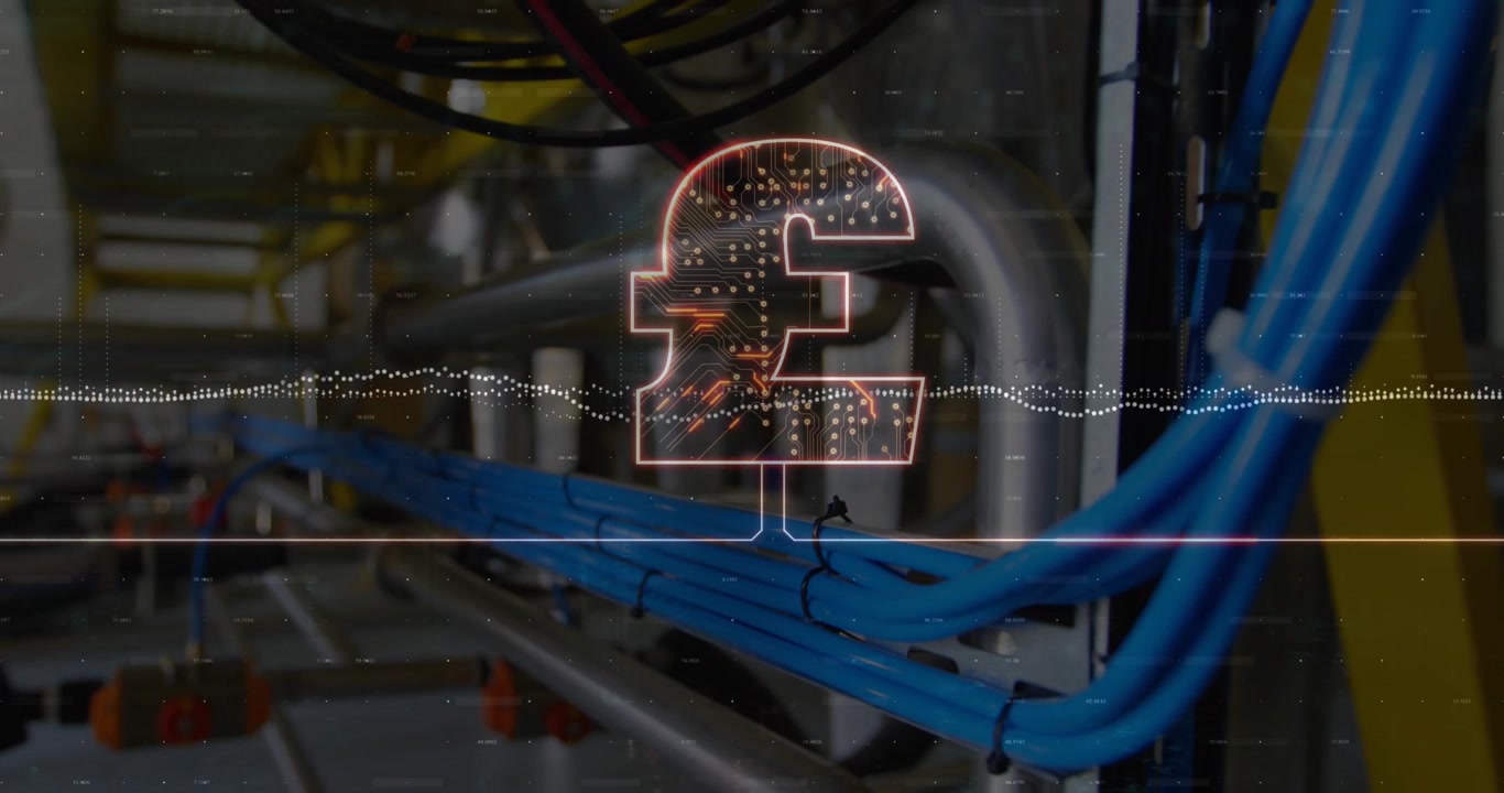 Animation of british pound sign with motherboard and data processing over computer server