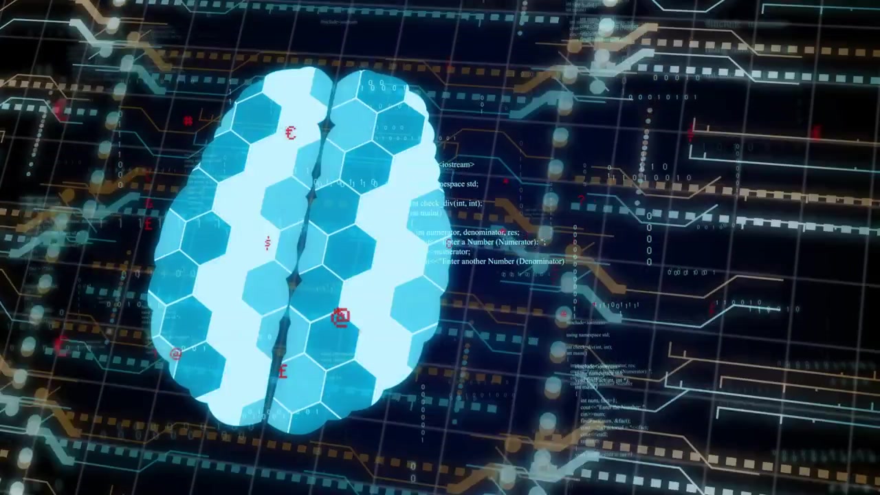 Startup signal activating hex-tiled brain, tiles pulsing, red markers moving, showing diagnostics
