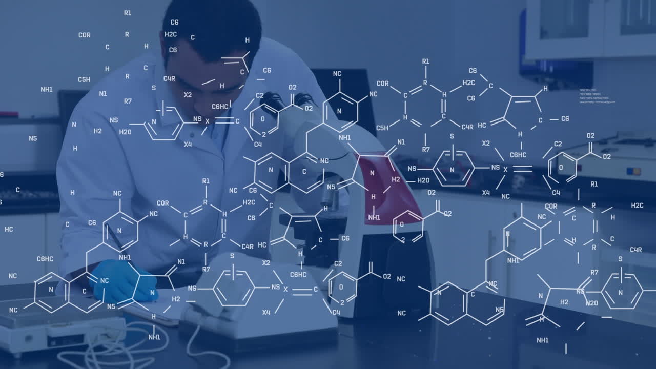 Animation of scientific data processing over biracial male scientist in laboratory