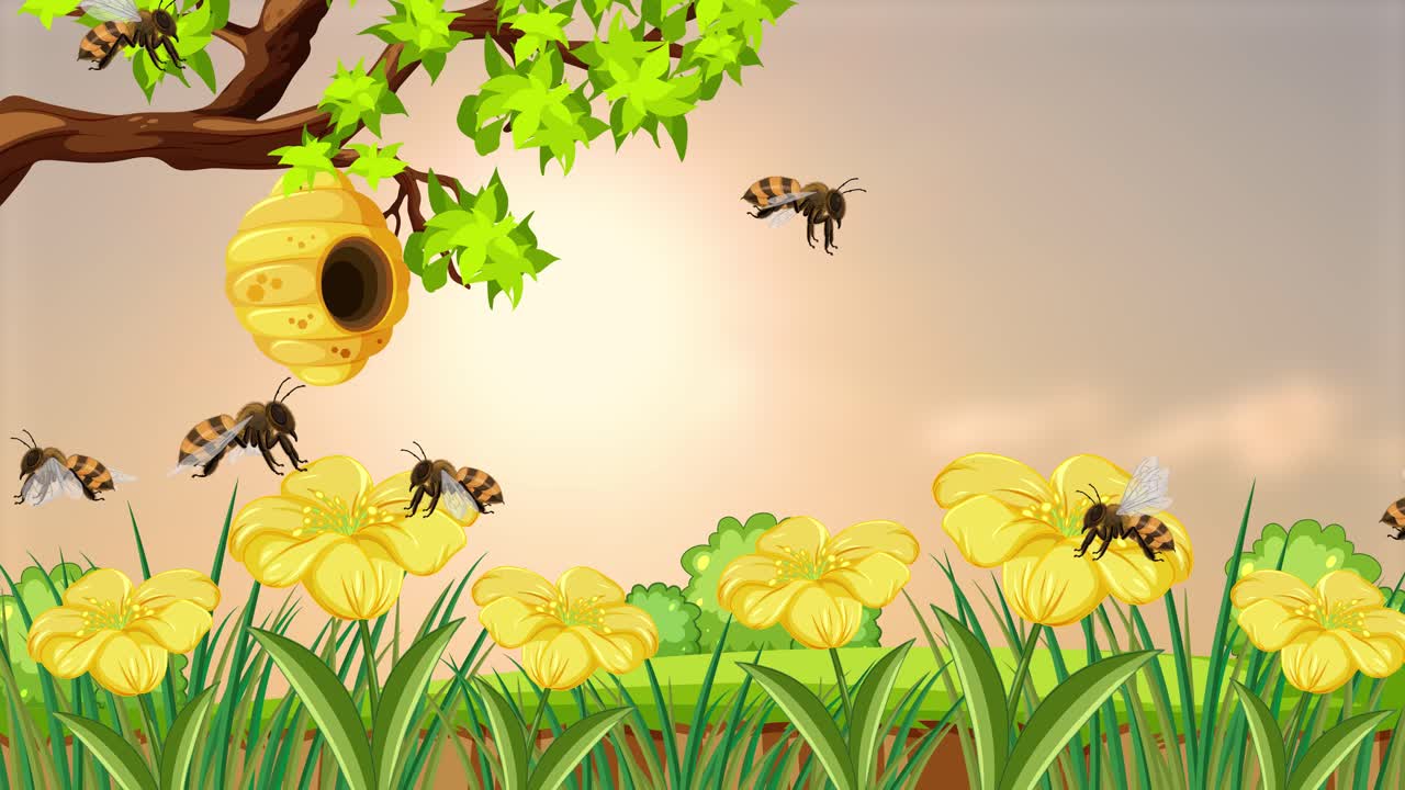 벌들이 벌집과 노란색 꽃 근처에서 날아다닙니다.