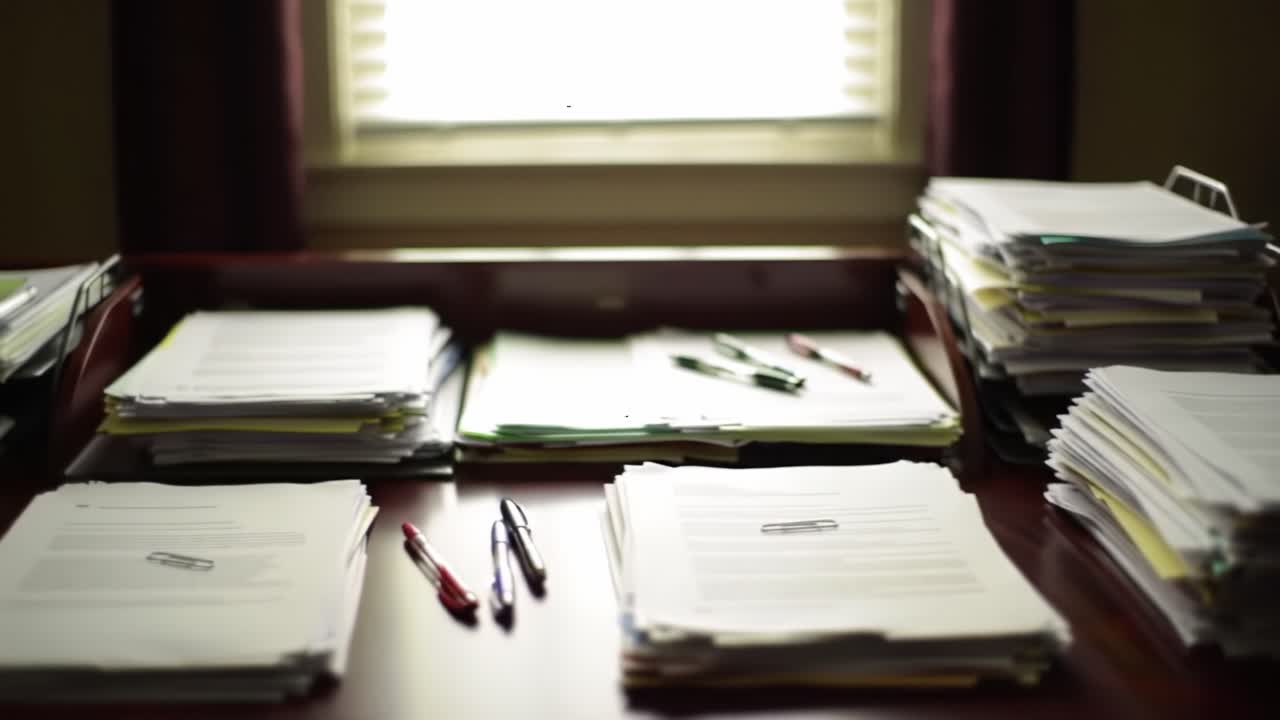 A Busy Workspace Featuring Stacks of Paperwork and Stationery Items on a Desk with Sunlight Streaming Through the Window