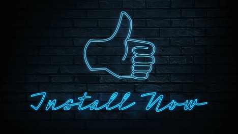 Animation-of-blue-neon-style-words-Install-Now-and-a-thumb-icon-flickering-on-black-background