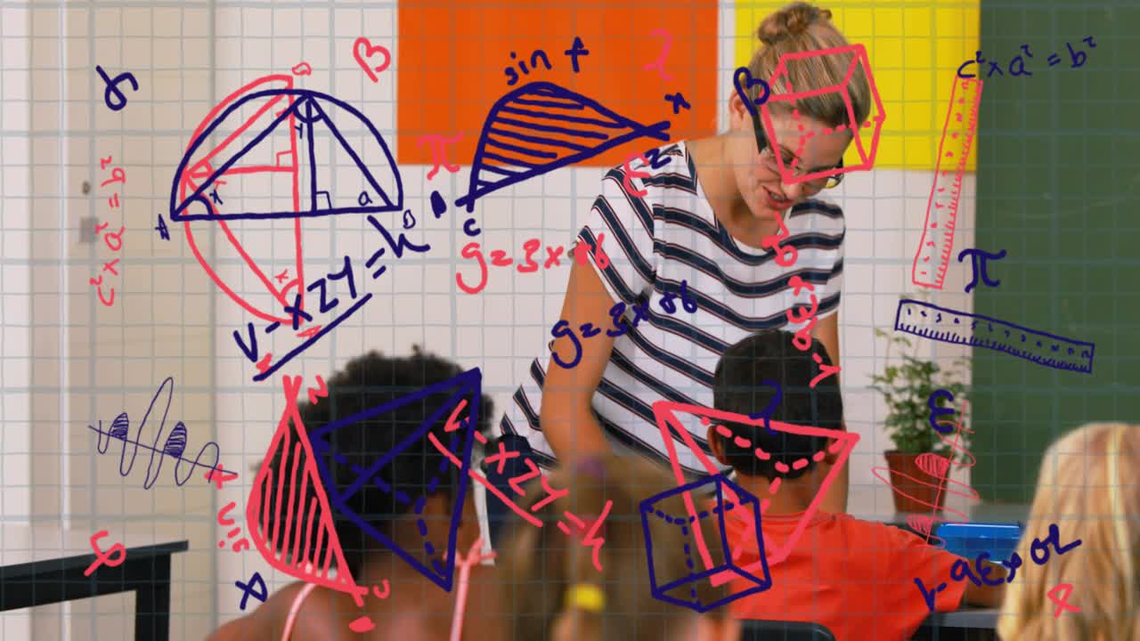 Teacher entering classroom leaning over desk guiding workbook using animated math overlays