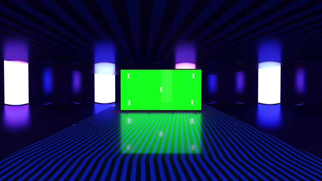 추상적인 크리에이티브 터널 및 그린 스크린 알파 채널 광고판 모형: 네온, 파란색 보라색 led 바 및 기술, sf, 미래의 사이버 크, 빈 프레임으로 3d 렌더링