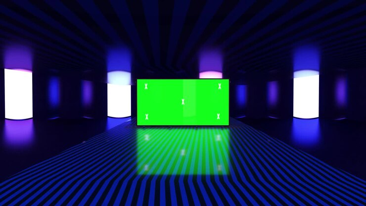Tunnel creativo astratto e mock-up di cartellone pubblicitario con schermo verde e canale alfa. Barre LED neon blu-viola e rendering 3D di tecnologia, fantascienza, cyberpunk futuristico con cornice vuota.