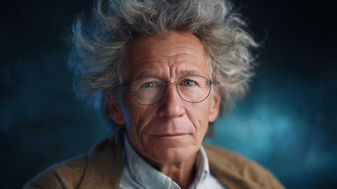Ritratto accattivante di una persona riflessiva con capelli e occhiali particolari, che irradia saggezza e curiosità in un ambiente con illuminazione soffusa