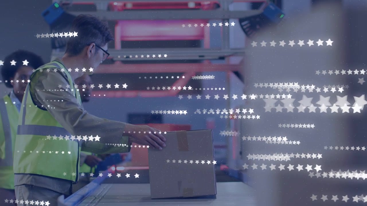 Main worker reaching conveyor, activating star overlay, lifting aligning boxes in warehouse to ship