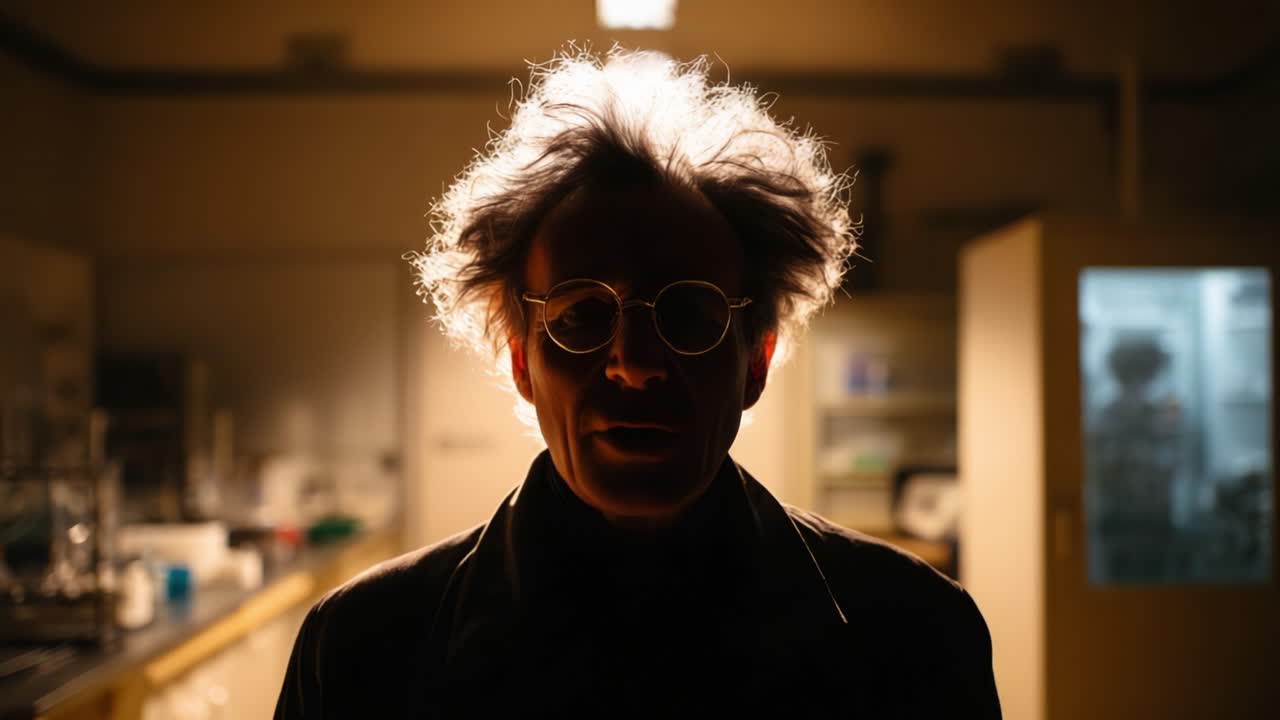 Una figura enigmatica con capelli arruffati e occhiali si staglia illuminata su uno sfondo di laboratorio scarsamente illuminato, evocando un senso di mistero e intrigo nella scena