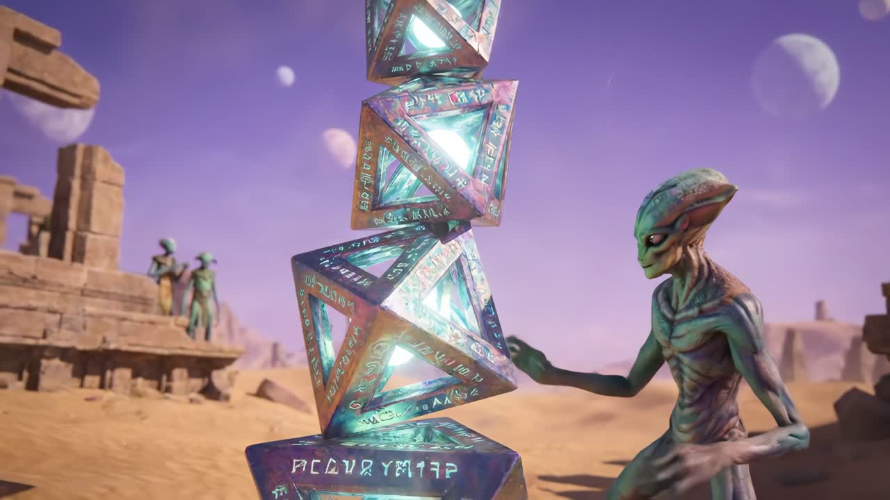 Extraterrestrial Beings Stacking Glowing Cubes on Desert Planet