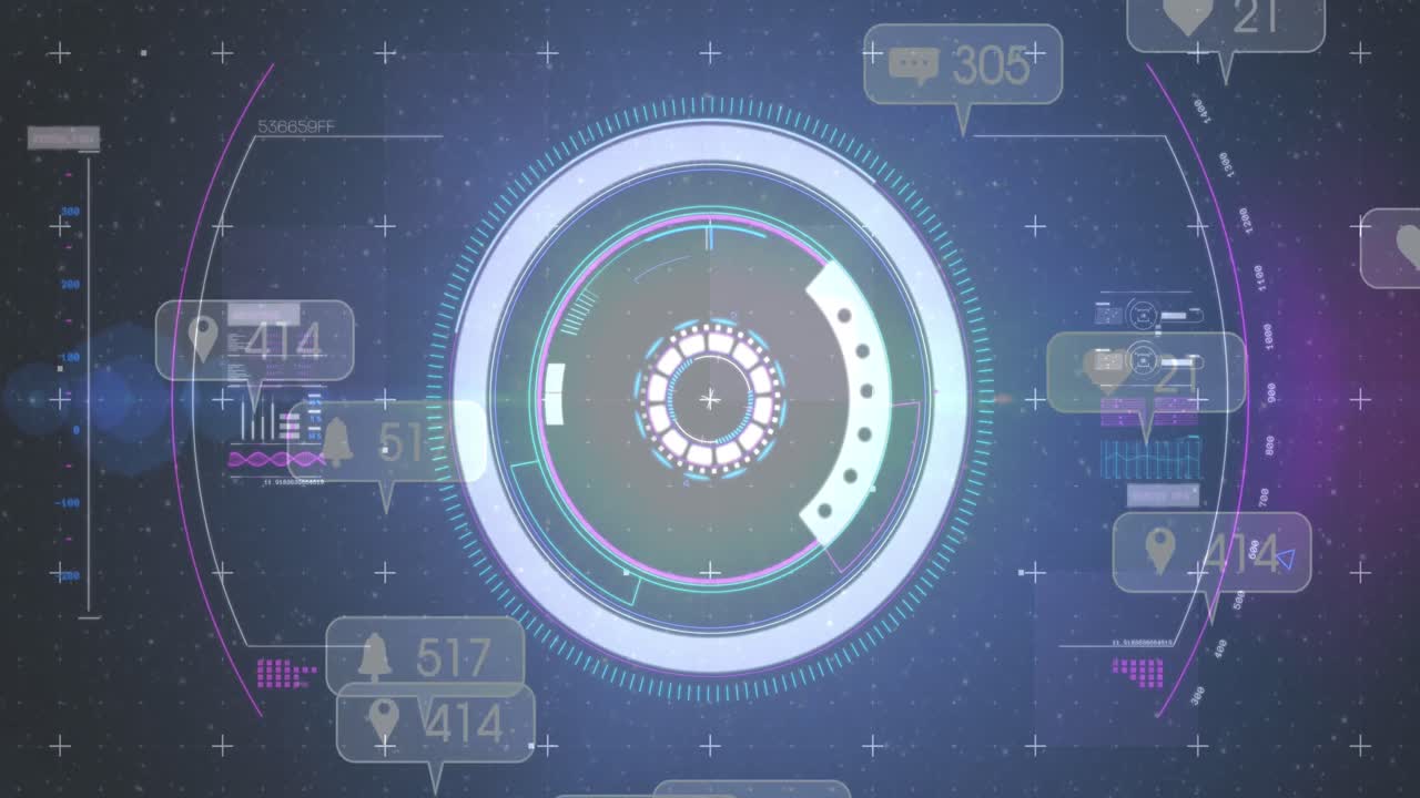 Animation of social media icons on banners over scope scanning