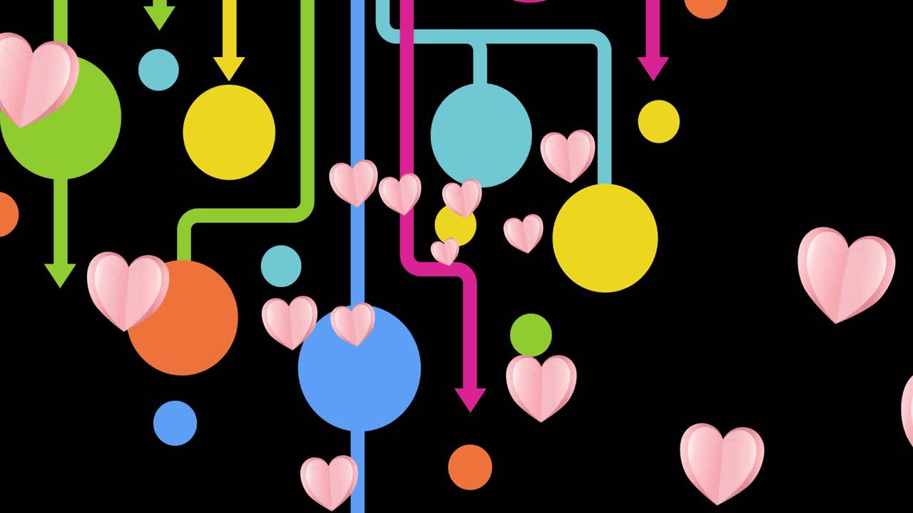 Animation of pink hearts moving over network of connections on black background