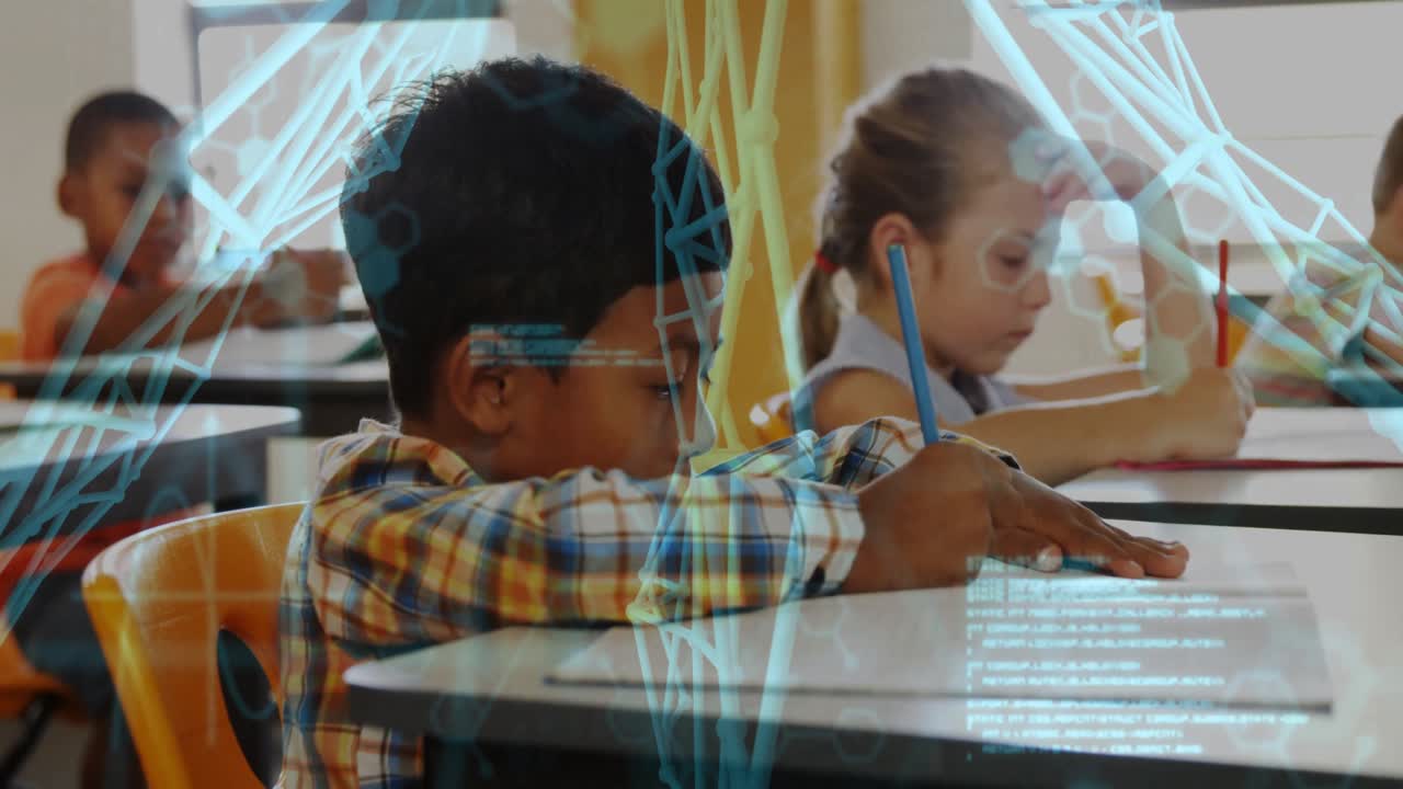 Classmates writing at desks in classroom with pencils and digital overlays enhancing education