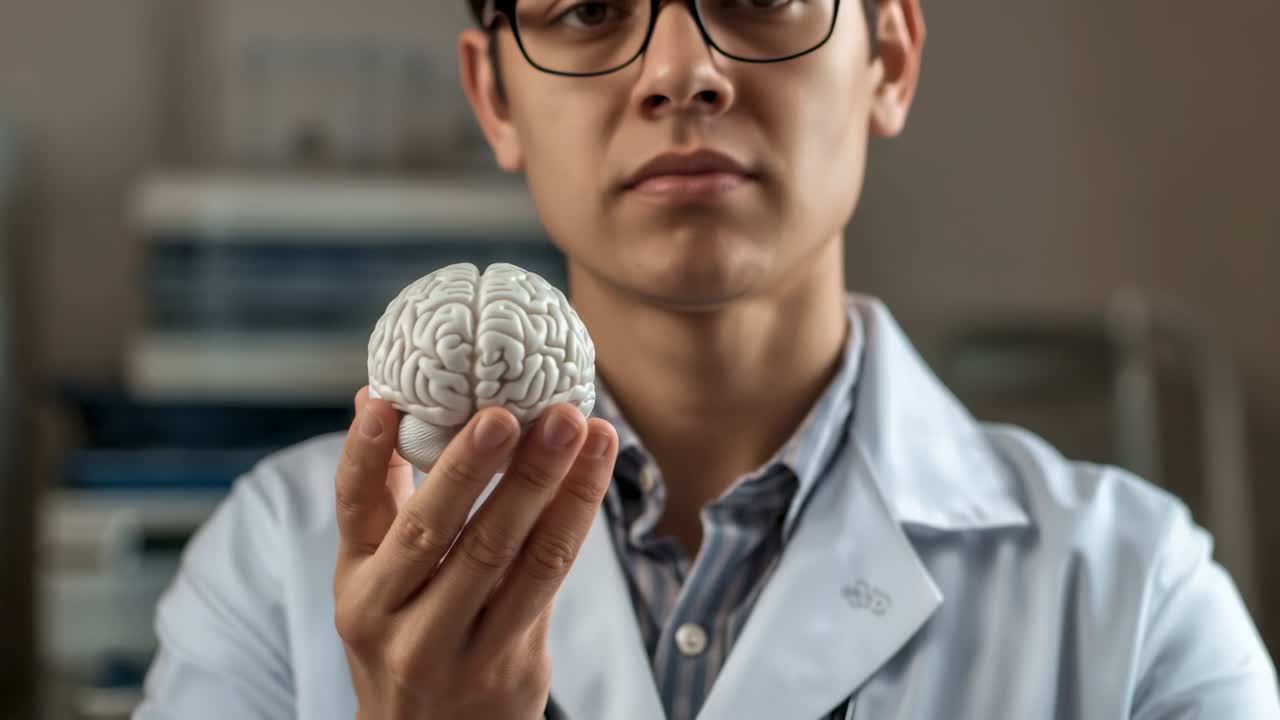Pulling camera back revealing Asian doctor presenting brain model in clinic, with stethoscope