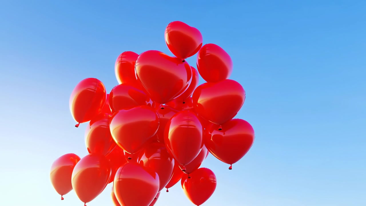 Globos de corazón rojos flotan contra un cielo azul claro, racimo iluminado por el sol brilla en superficies brillantes, suave deriva ascendente