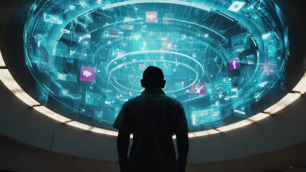 A man looking at a futuristic technology display
