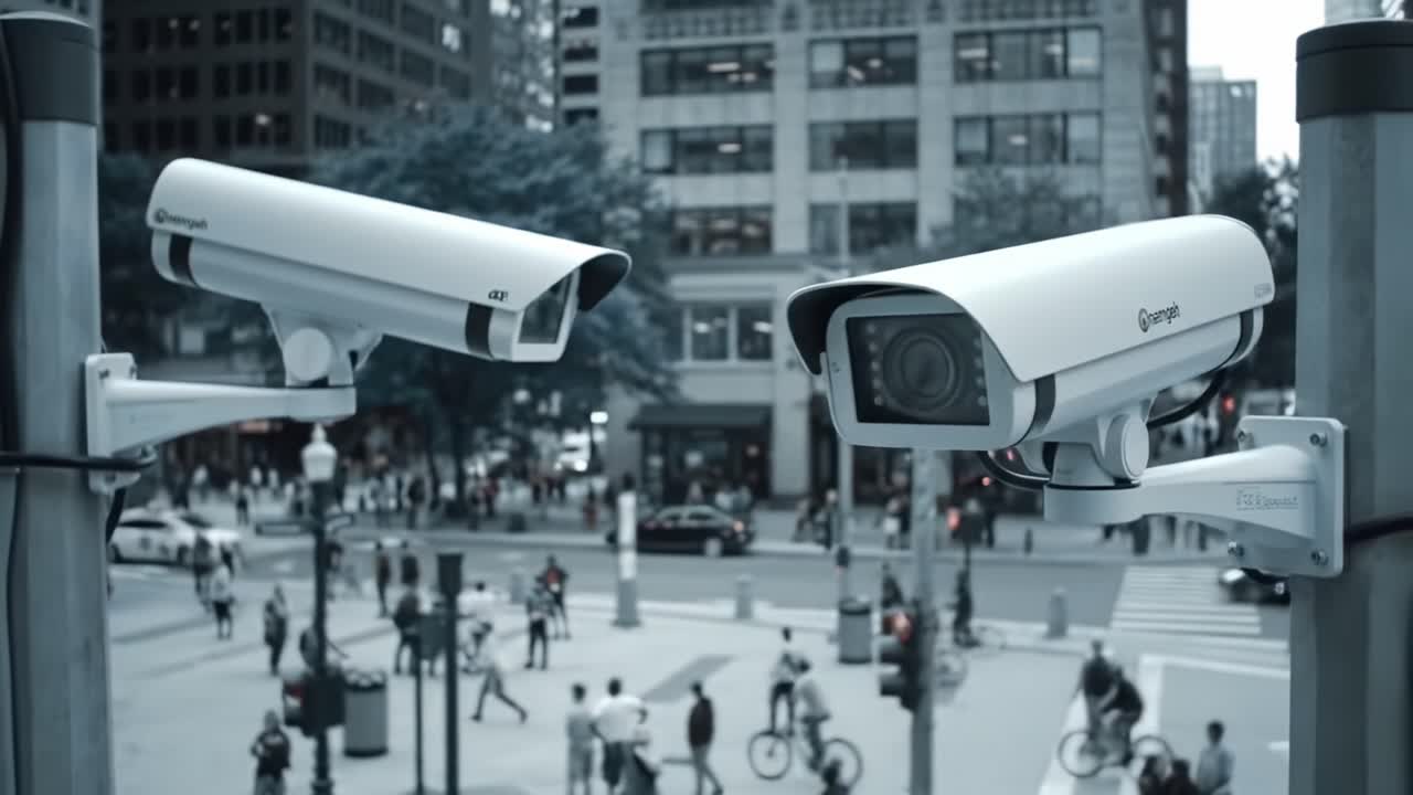 Surveillance Cameras Overseeing Urban Activity: A Glimpse into the Impact of Technology on Public Spaces and Modern City Life