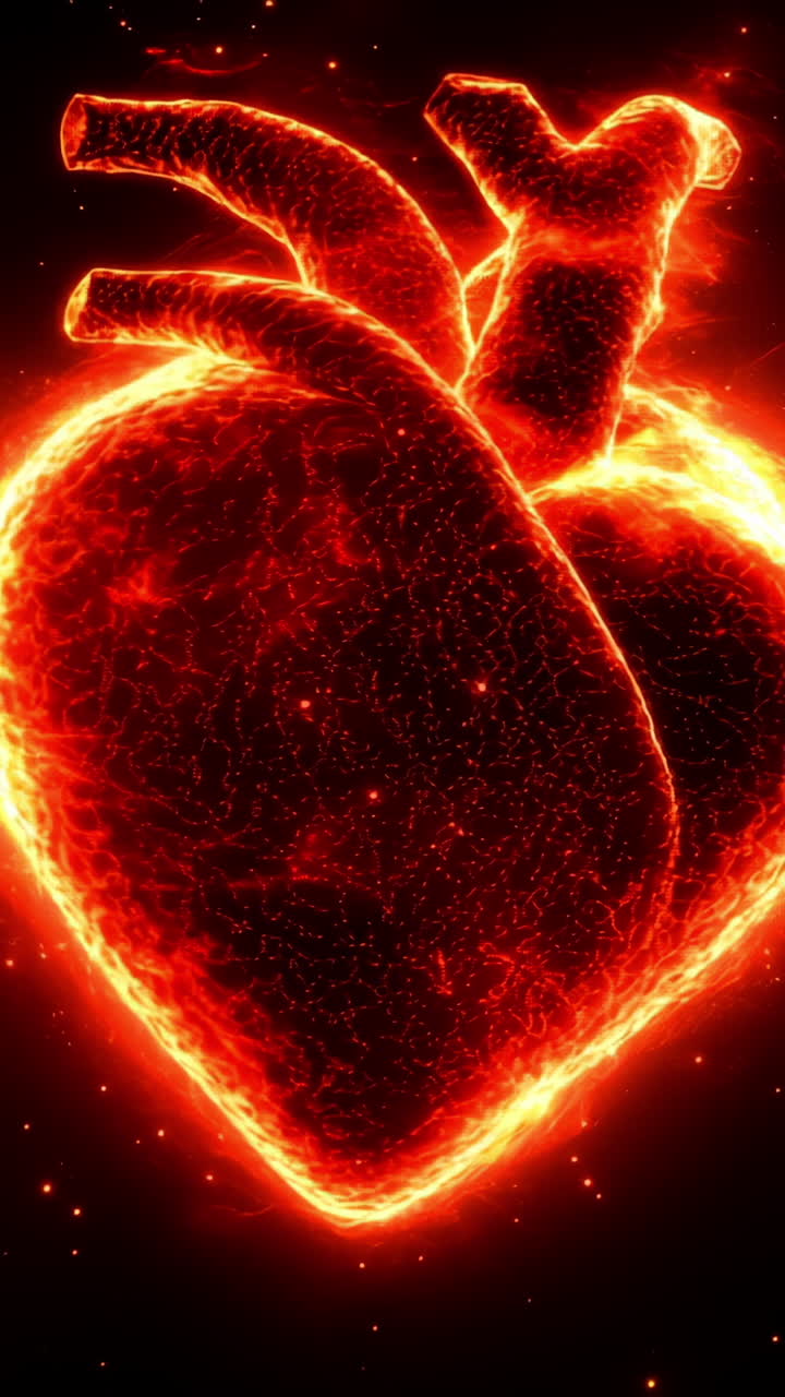 Heart design illuminated with fiery glow. A glowing heart design appears vibrant with fiery colors, showcasing intricate details against a dark background.