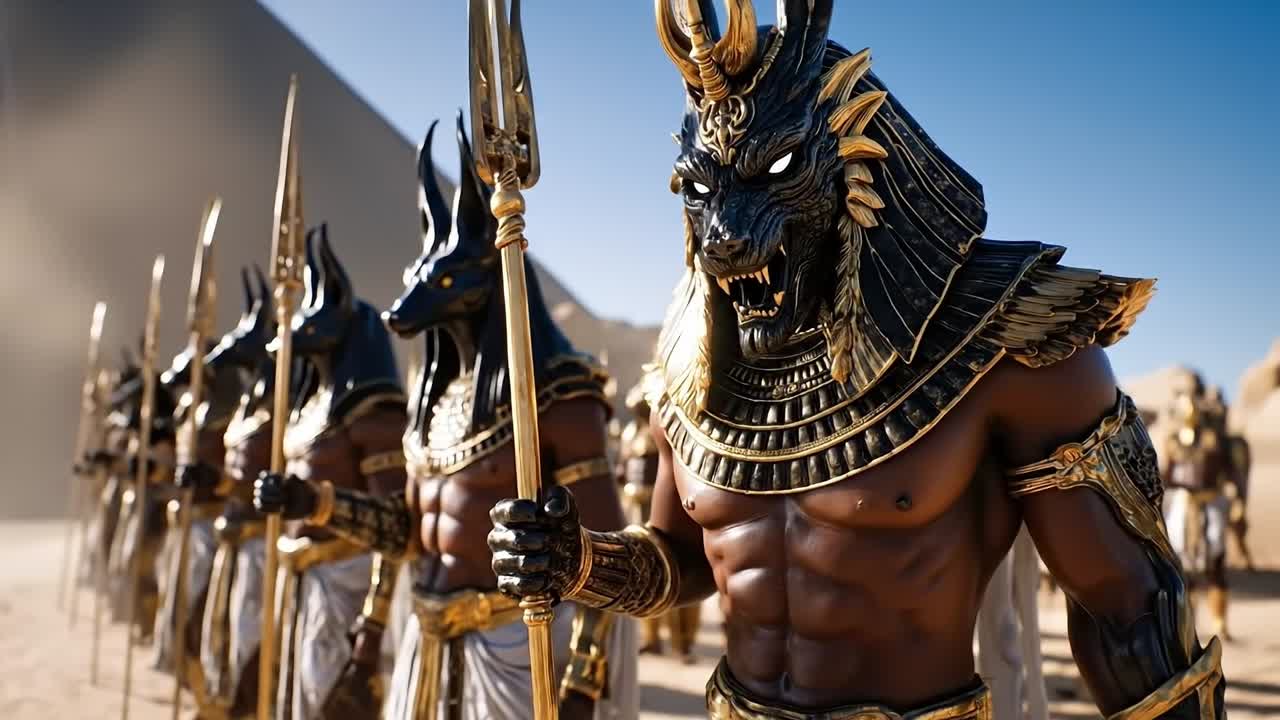 A group of men dressed in ancient egyptian costumes standing in a line