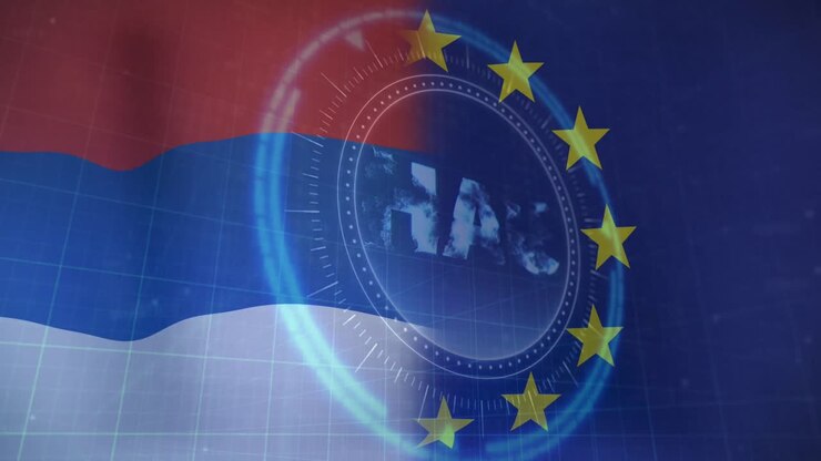 Animazione di scansione del mirino e simbolo UAH sulla bandiera della Serbia e dell'UE