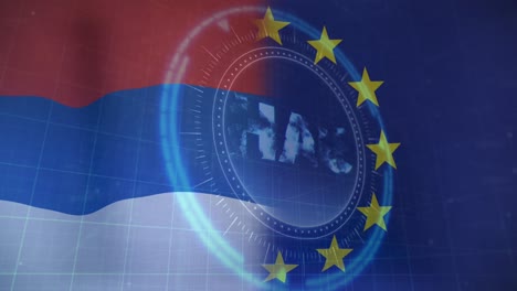 Animation-of-scope-scnanning-and-uah-symbol-over-flag-of-serbia-and-eu