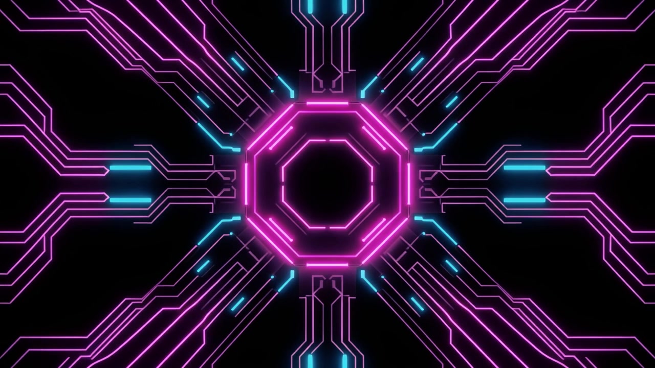 Circuito stampato futuristico con linee al neon incandescenti e flusso di dati