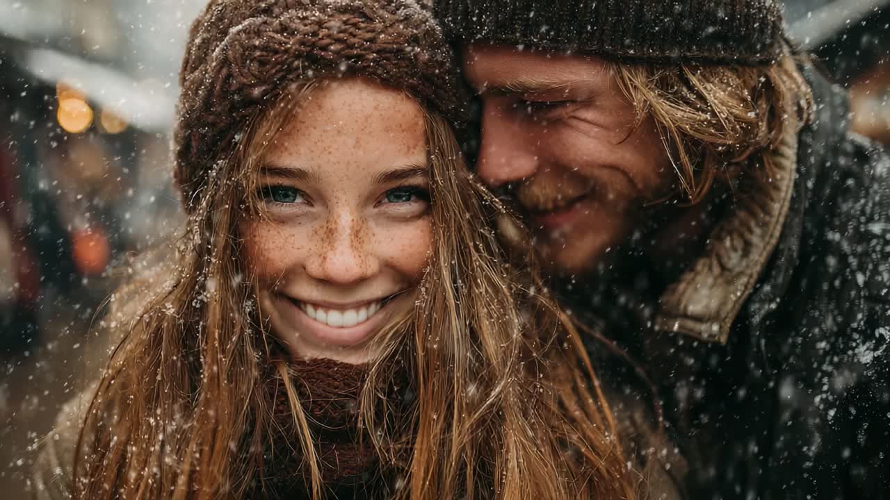 Un gioioso momento invernale: una coppia sorridente si abbraccia sotto la neve, condividendo calore e risate in un magico sfondo innevato