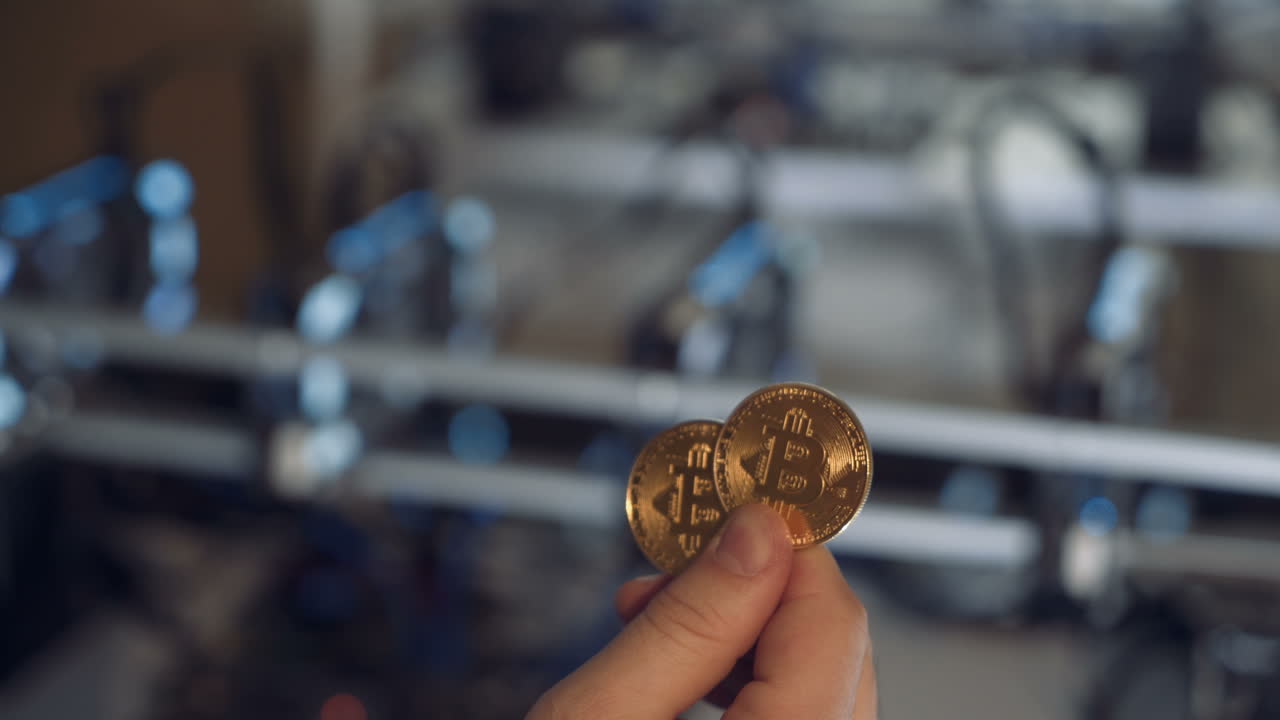 Golden Bitcoin in a man hand. Concept of mining. Electronic virtual money. Symbol of investment in cryptocurrency.
