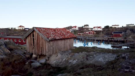 scandinavia nordic fishing town on sweden coast, panning establishing