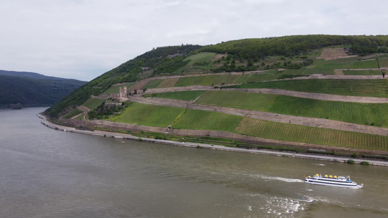 Battello turistico che naviga oltre il Castello di Ehrenfels sul fiume Reno, Germania