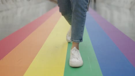 gen z gay joy fun walk low angle view with white sneaker and jeans.