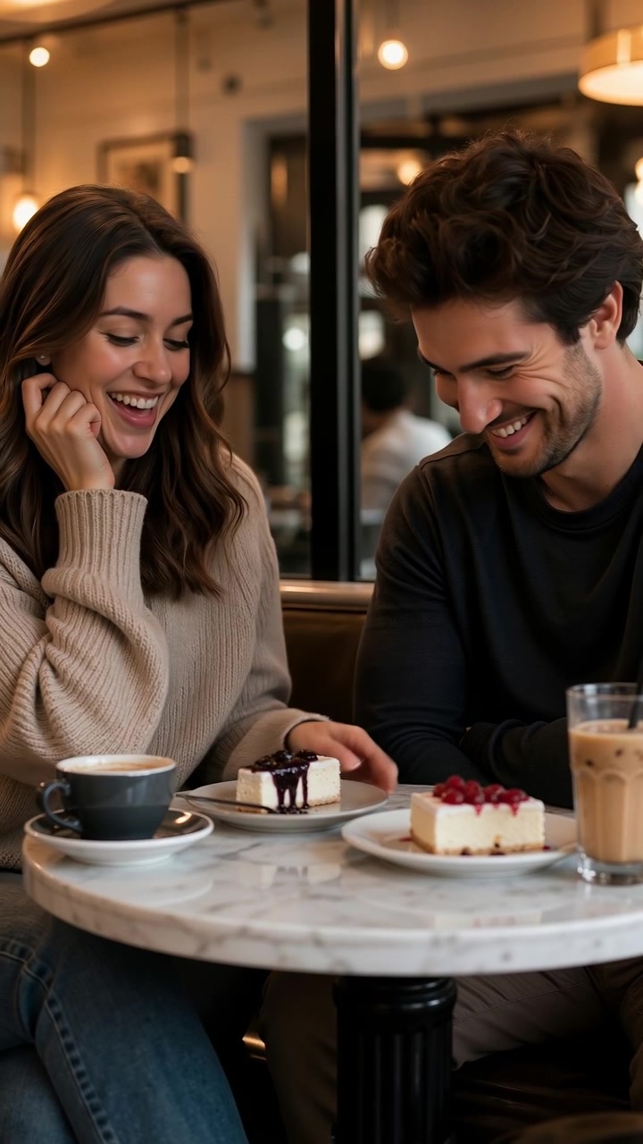 Giovane coppia felice che parla e ride insieme davanti a caffè e dessert in un caffè accogliente