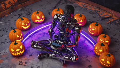 futuristic halloween: robot surrounded by jack-o'-lanterns and neon light