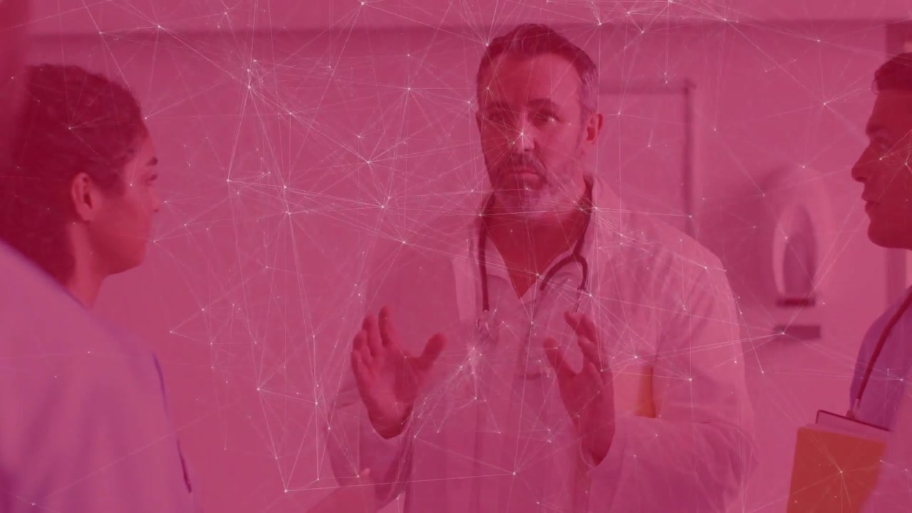 Doctor briefing in clinic hallway explaining case as data overlays showing procedure steps