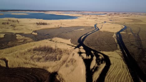 vista aérea del lago cubierto de juncos marrones, parque natural del lago pape, rucava, letonia, día soleado de primavera, gran angular drone dolly shot moviéndose a la derecha
