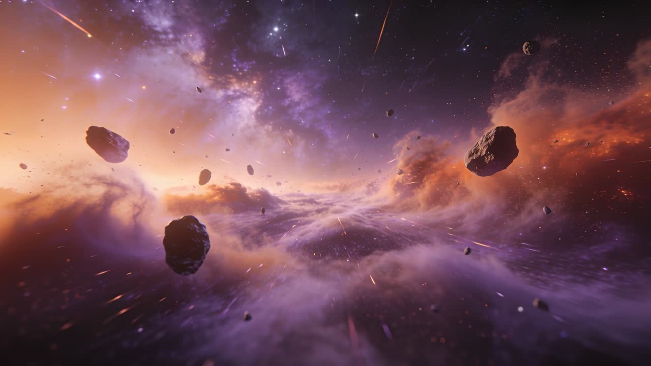Camera moving forward through asteroid field, revealing nebula glow and meteoroid trails for tech