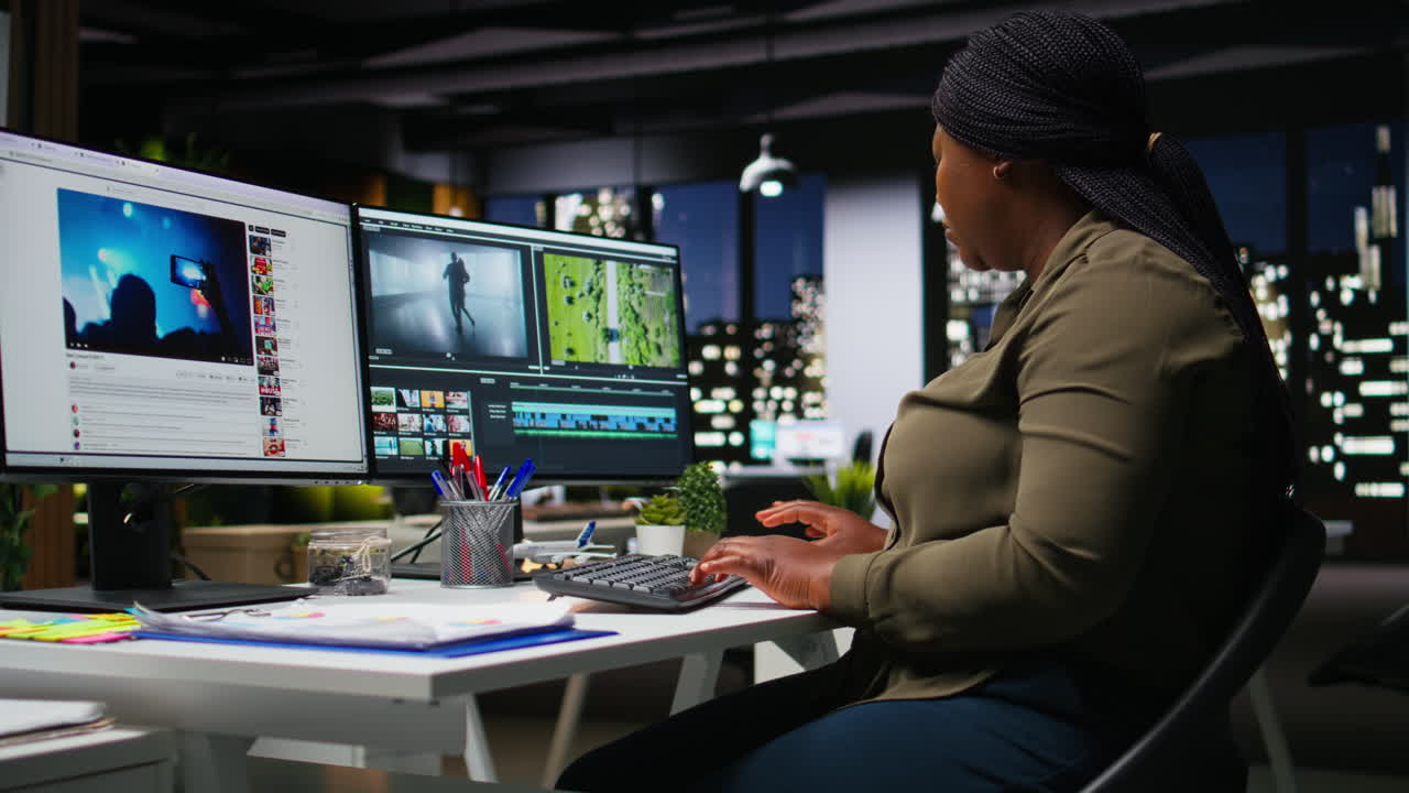 African american video editor working with dual monitors in modern office