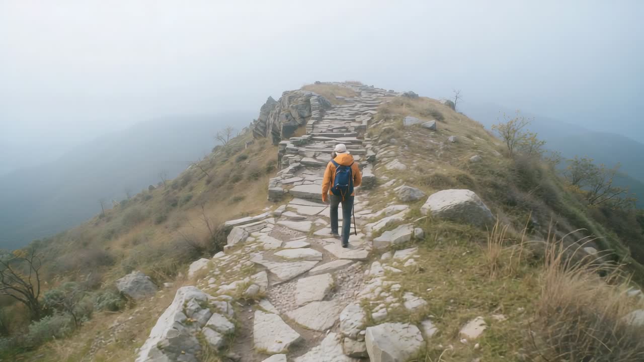 Escursionista con giacca arancione che cammina su una cresta nebbiosa, che individua i punti dove mettere i piedi, mentre tiene un bastoncino da trekking e si prepara a scalare