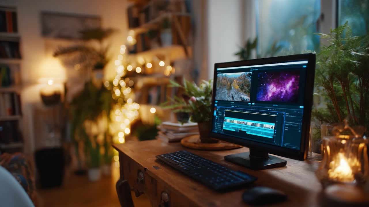 Un ambiente di lavoro accogliente con uno schermo di computer su cui è aperto un software di editor video, in una stanza illuminata da una luce calda, circondata da piante e luci decorative