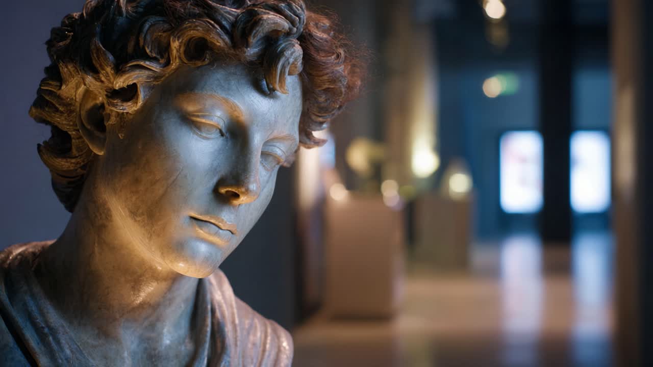 Una statua in bronzo accattivante con un'espressione realistica e dettagli intricati, illuminata in una mostra moderna che espone una maestria artistica.