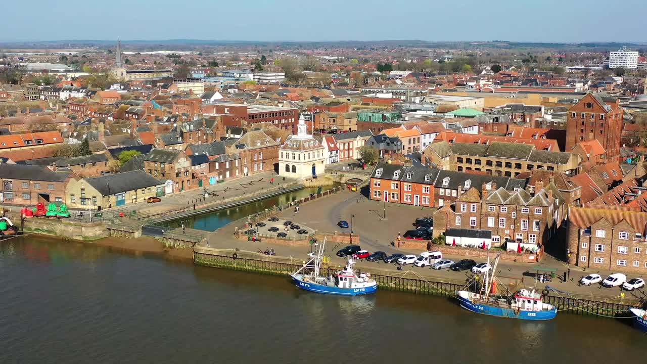 vista aérea de kings lynn y purfleet quay, río great ouse, kings lynn, norfolk, reino unido