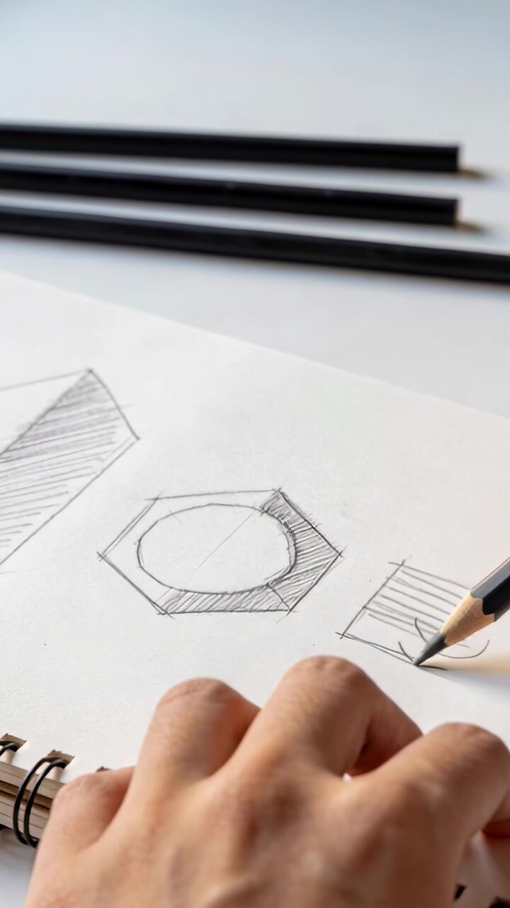 Vertical video: Right hand placing pencil hatching box on sketchbook at desk for tone, 3 pencils