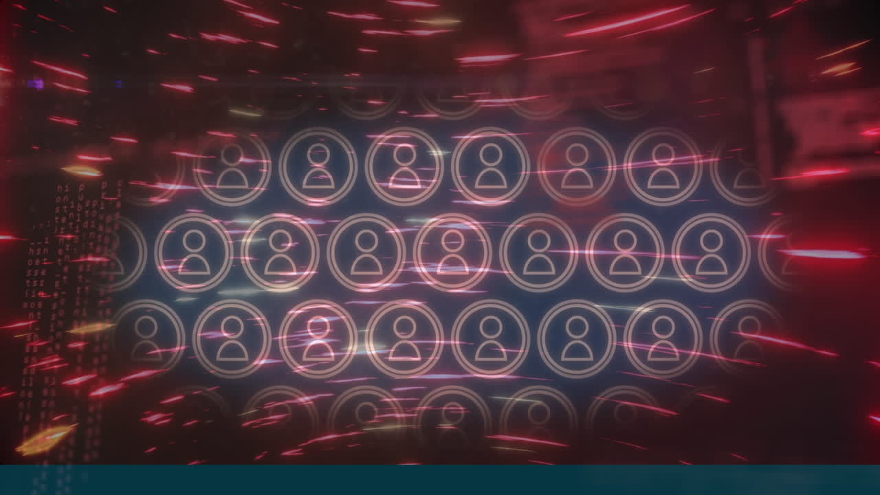 animación de iconos de perfil y lenguaje informático sobre el patrón de haz circular en el fondo