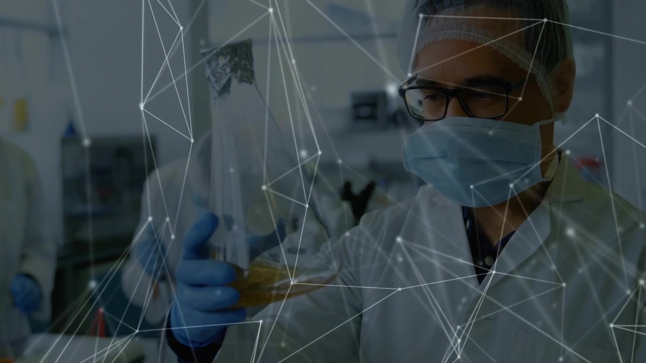 Lab tech in PPE lifting flask inspecting sample and transferring for analysis as overlay moving