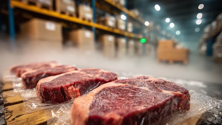 A Closer Look at Premium Cuts of Beef Prepare for Storage in a Warehouse, Showcasing Their Rich Marbling and Freshness Against a Foggy Background