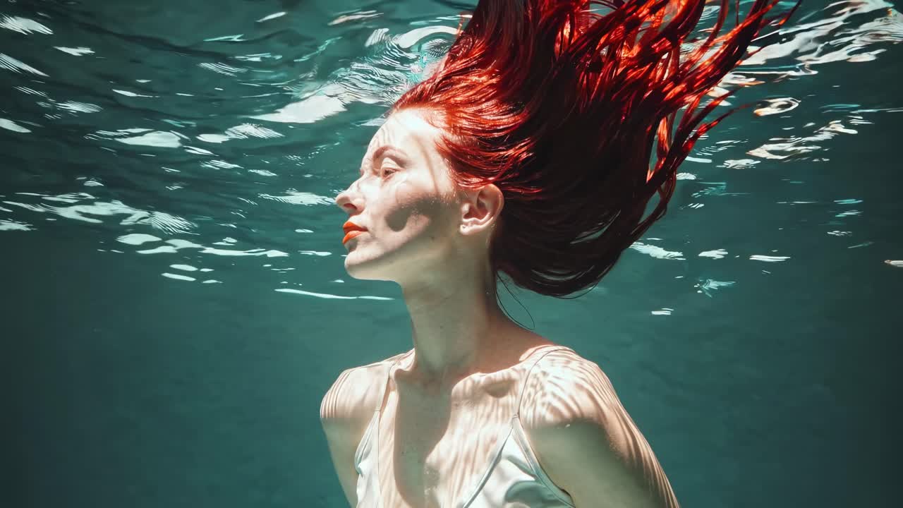 Underwater video scene of a woman with flowing red hair, captured in a side profile angle