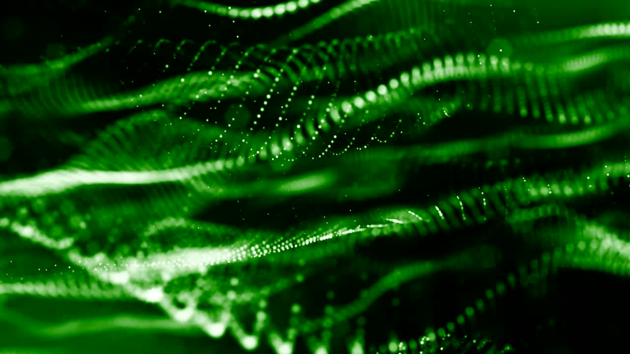 3d green background with fantastic luminous particles. Looped 3d animation with depth of field, light effects. Modern digital background. Curved lines 10
