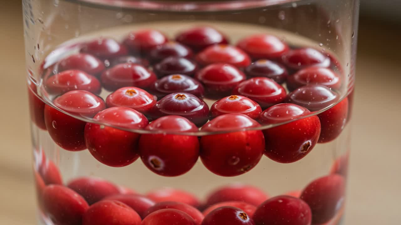 A Close-Up Look at Floating Red Berries in Clear Water: Exploring Their Unique Arrangement and Visual Appeal Over Time