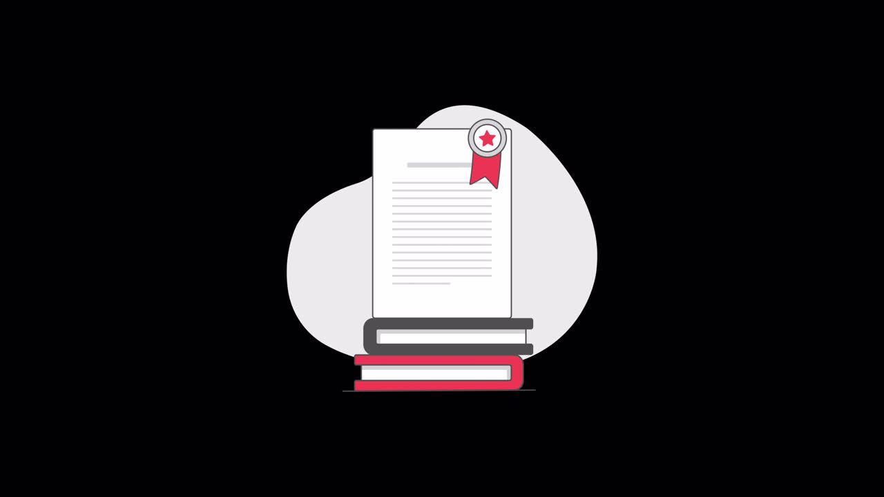 Illustrazione animata di libri che si impilano con documento e segnalibro