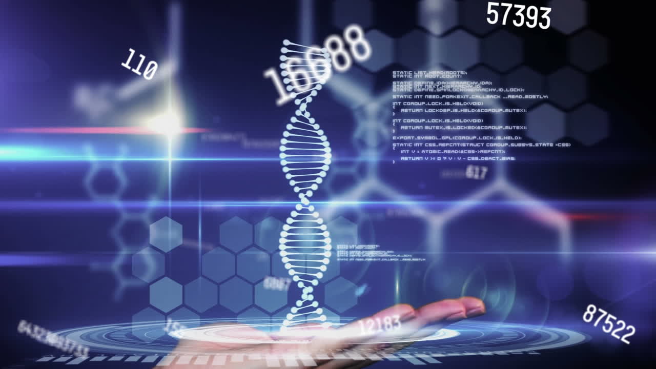 animación de la cepa de adn sobre la mano caucásica en fondo negro