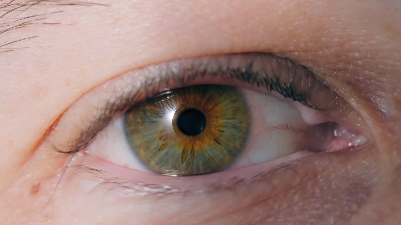 Macro close up of caucasian person opening single green eye